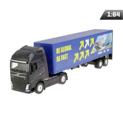 Model 1:64 navy blue truck, BE GLOBAL trailer