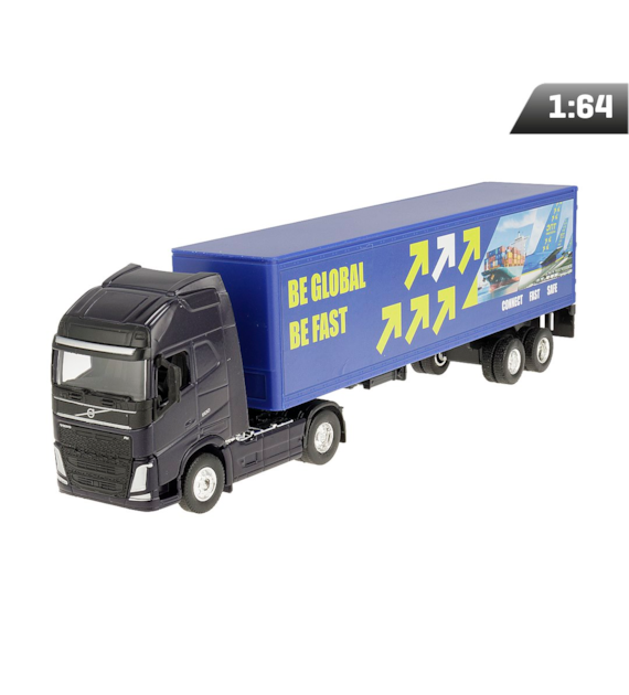 Model 1:64 navy blue truck, BE GLOBAL trailer
