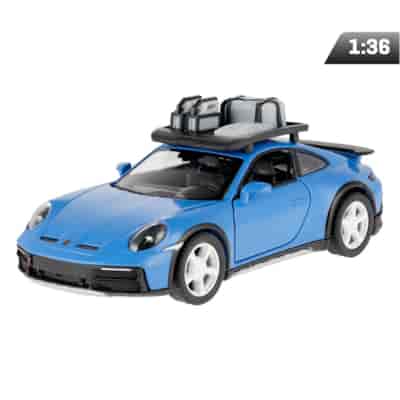 Model 1:36, Porsche 911 Rallye z bagażnikiem dachowym, niebieski