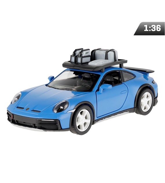 Model 1:36, Porsche 911 Rallye z bagażnikiem dachowym, niebieski
