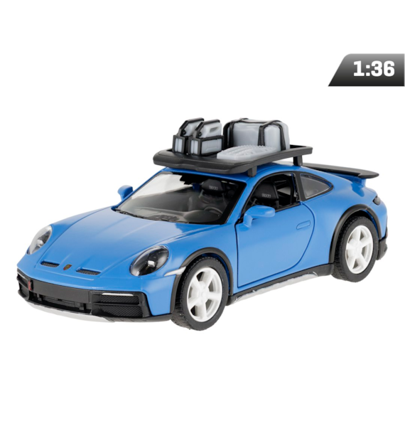 Model 1:36, Porsche 911 Rallye z bagażnikiem dachowym, niebieski