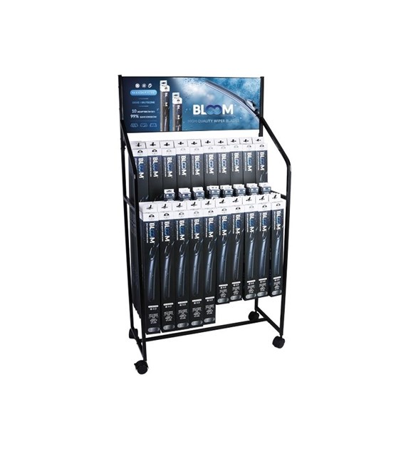 Set of flat wiper blades BLOOM U Multifit with 10 adapters, 90 pcs + new adapters + a standing display with wheels