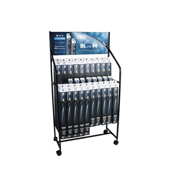 Set of flat wiper blades BLOOM U Multifit with 10 adapters, 90 pcs + new adapters + a standing display with wheels