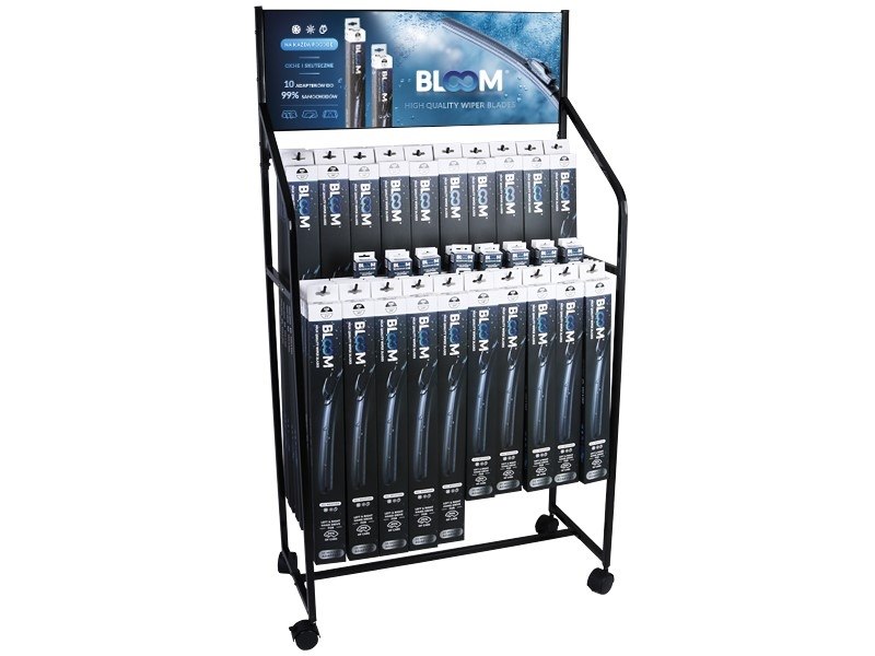 Set of flat wiper blades BLOOM U Multifit with 10 adapters, 90 pcs + new adapters + a standing display with wheels