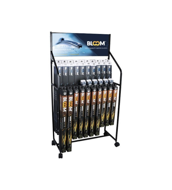 Set of flat wiper blades BLOOM U MIX U + Multifit with 10 adapters, 90 pcs  + New adapters + a standing display with wheels