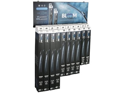 Set of flat wiper blades BLOOM U Multifit with 10 adapters, 40 pcs + suspended display