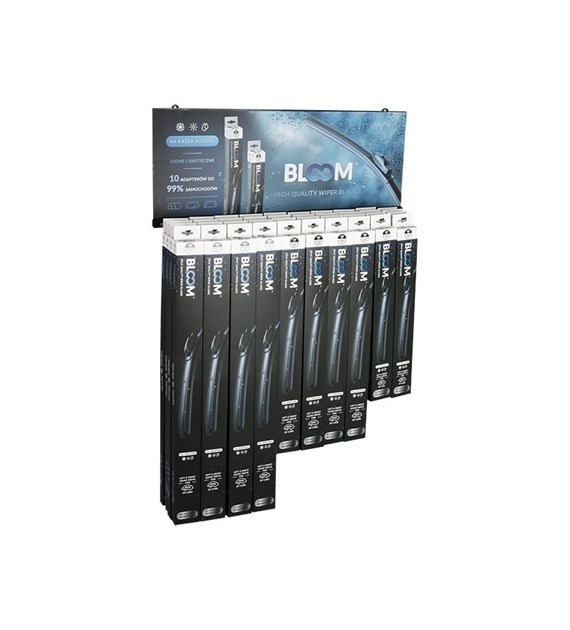 Set of flat wiper blades BLOOM U Multifit with 10 adapters, 40 pcs + suspended display