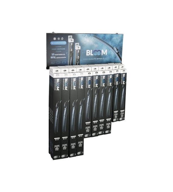 Jeu de balais d'essuie-glace plats BLOOM Multifit avec 10 adaptateurs, 40 pcs + présentoir suspendu