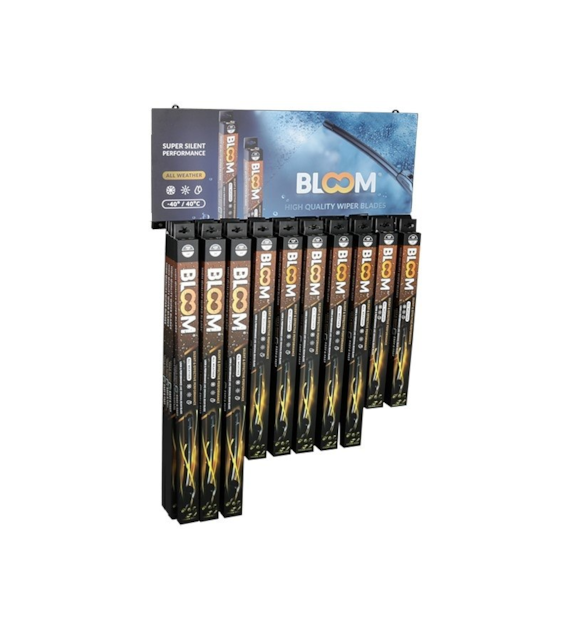 Jeu de balais d'essuie-glace plats BLOOM U, 40 él. + Présentoir suspendu