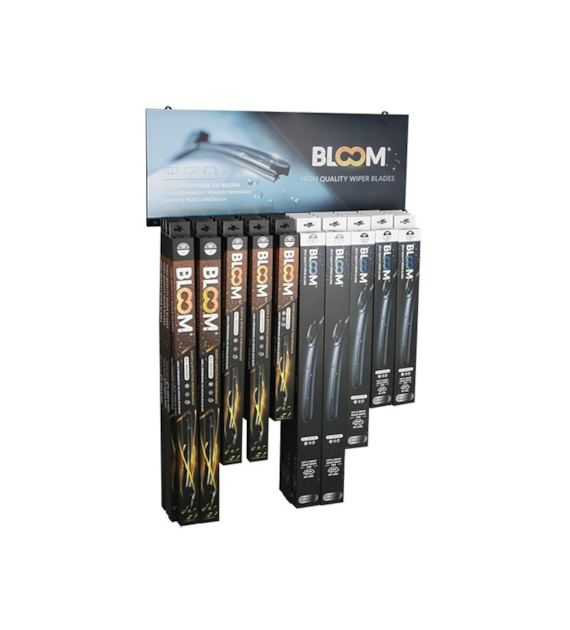 Jeu de balais d'essuie-glace plats BLOOM MIX U + Multifit avec 10 adaptateurs, 40 pcs + présentoir suspendu