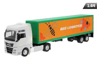 Model 1:64, MAN TGX XXL, biały ciągnik, naczepa Bee Logistics