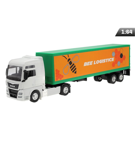 Model 1:64, MAN TGX XXL, biały ciągnik, naczepa Bee Logistics