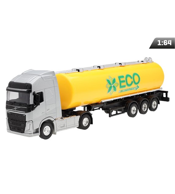 Modell 1:64, VOLVO FH, silberner Traktor, gelber ECO-Tanker