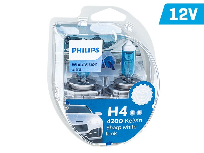 Ampoules PHILIPS H4 12V 60/55W P43t + W5W 12V W21x9,5d WhiteVision ultra 4200K