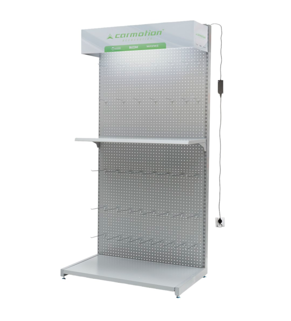 Regał ekspozycyjny metalowy typu  ścianka  101x63,5x201 cm z półką, aktyką i podświetleniem LED