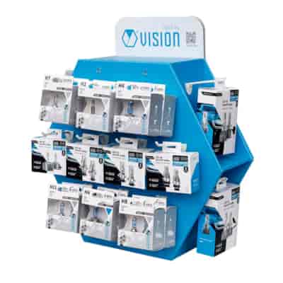 Set mit 16 VISION-Glühlampen + Kartonaufsteller mit 14 Haken
